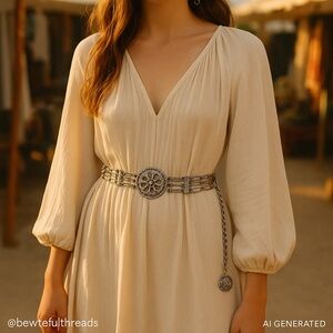 Vintage silver tone Filigree Chain Belt 1970s Boho Flower Medallion Statement